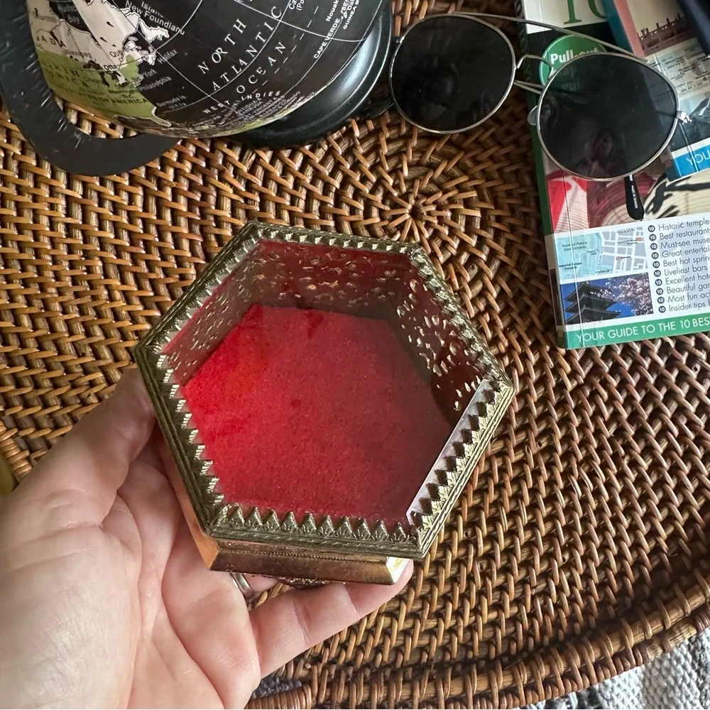 Vintage Metal Hexagon Jewelry Trinket Box with Beveled Glass Lid, 4